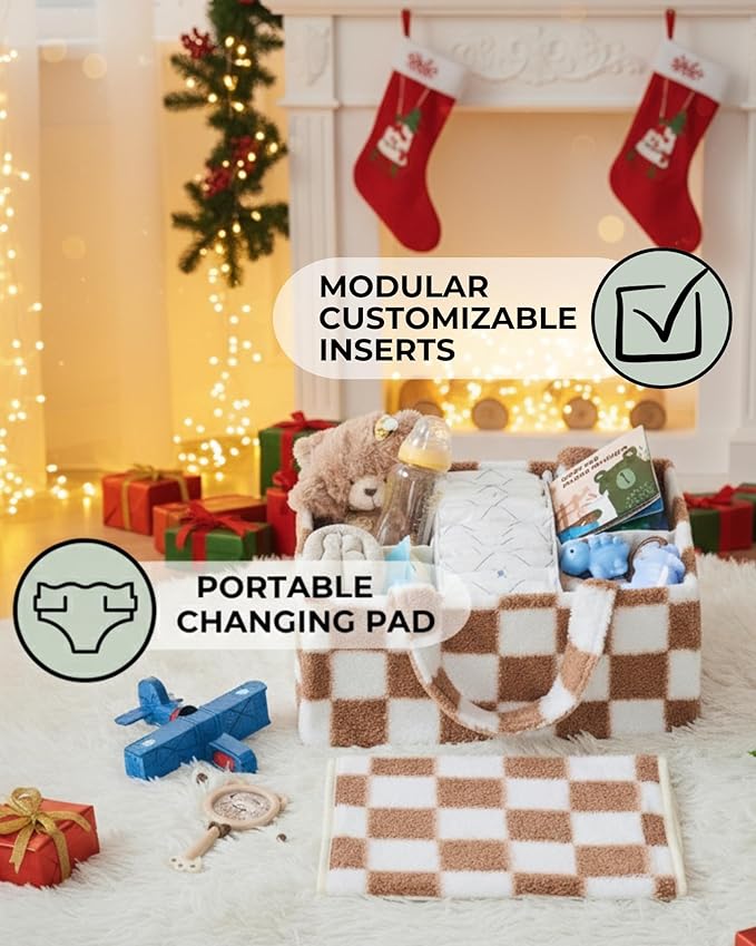 Checkered Diaper Caddy Organizer with Portable Changing Mat - Teddy Fleece Diaper Organizer for Changing Table - Caddy Organizer with Removable Dividers - Light Taupe and White