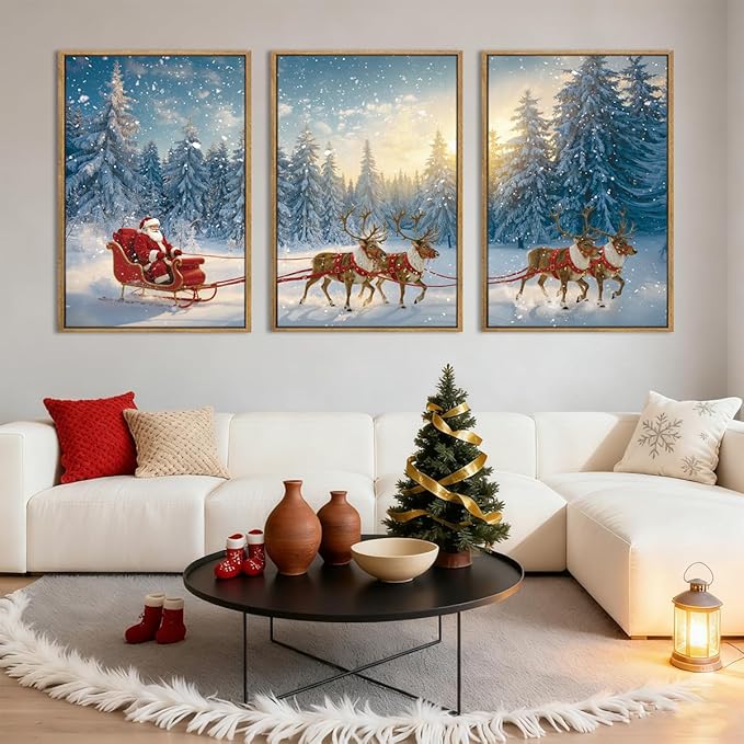 Framed Christmas Wall Art Santa Claus Wall Art Santa Winter Artwork for Living Room Bedroom Dining Room 16x24 Inches Set of 3