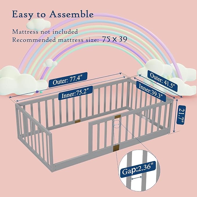 Tatub Twin Montessori Floor Bed with High Rails, Solid Wood Montessori Bed Frame for Kids, Entry Can Install Left and Right, Twin-Grey