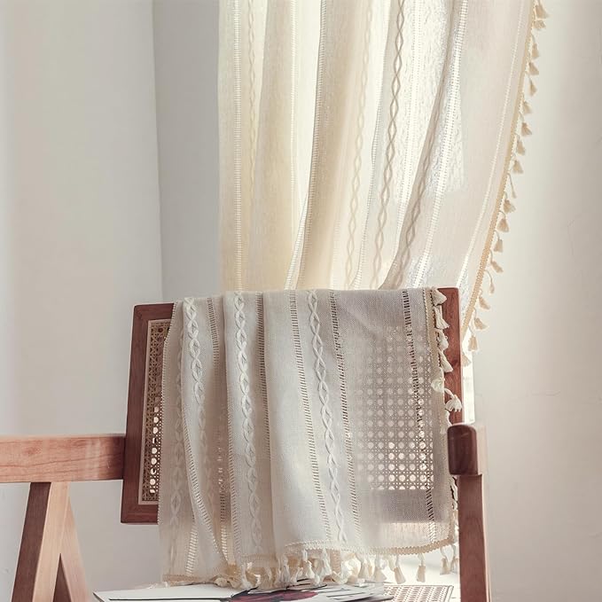 Deeprove Ivory Boho Curtain 63 Inches Length for Kitchen Closet Cafe Decor, Bohemian Hollow Chic Style Tassels, Vintage Farmhouse Country French Window Treatment Drape, Rod Pocket, 1 Panel W52x L63