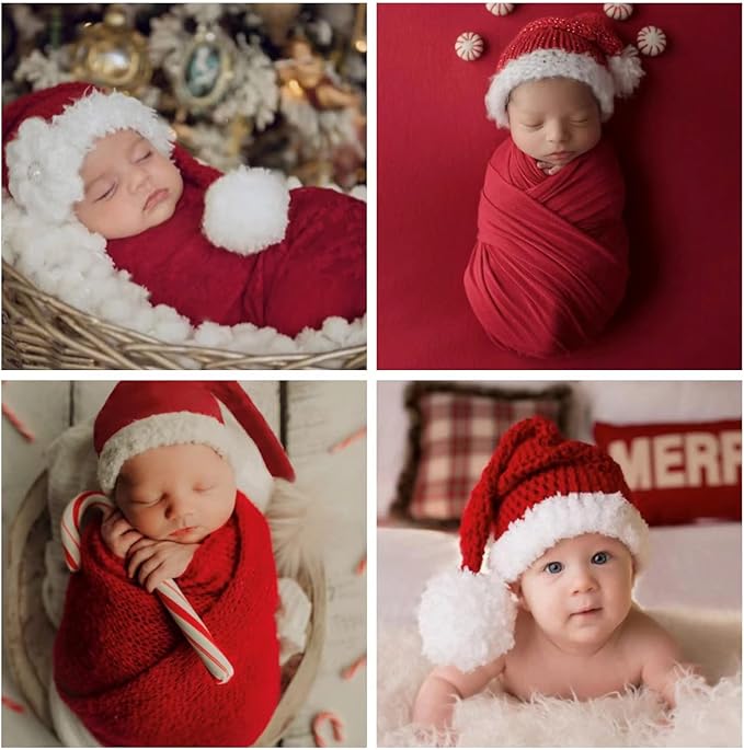 Christmas Newborn Photography Props Swaddle Wraps with Santa Hats for Baby Boys Girls Photo Props Shoot