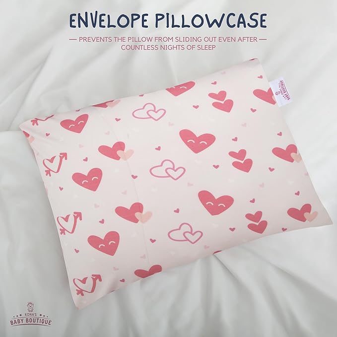 Pink Hearts - Kona's Perfect Toddler Pillow with Softest Toddler Pillowcase - 13 x 18 inch Toddler Pillow - Toddler Pillow 2 Year Old, Toddler Pillow 3 Year Old