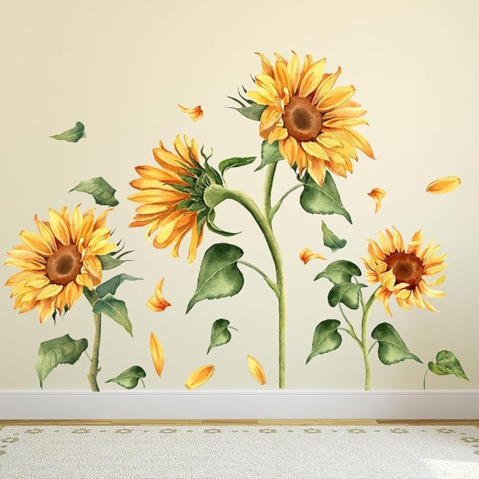 Vintage Sunflower Wall Decal Garden Floral Wall Sticker Yellow Flower with Green Leaves Wall Decals Peel and Stick Wall Stickers Aesthetics Decor for Living Room Bedroom