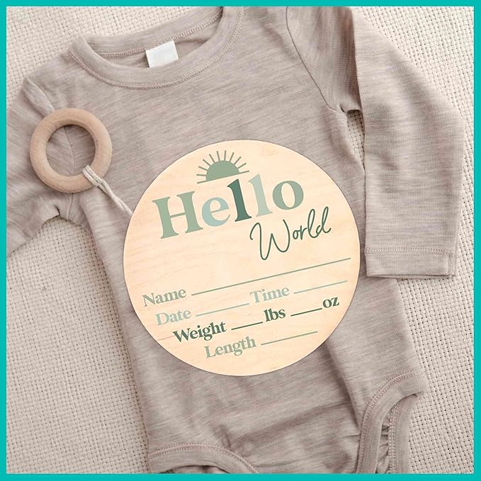 Hello World Newborn Sign - Baby Name Birth Announcement Plaque for Hospital - Photo Prop - Green Nursery Decor - Shower Gift