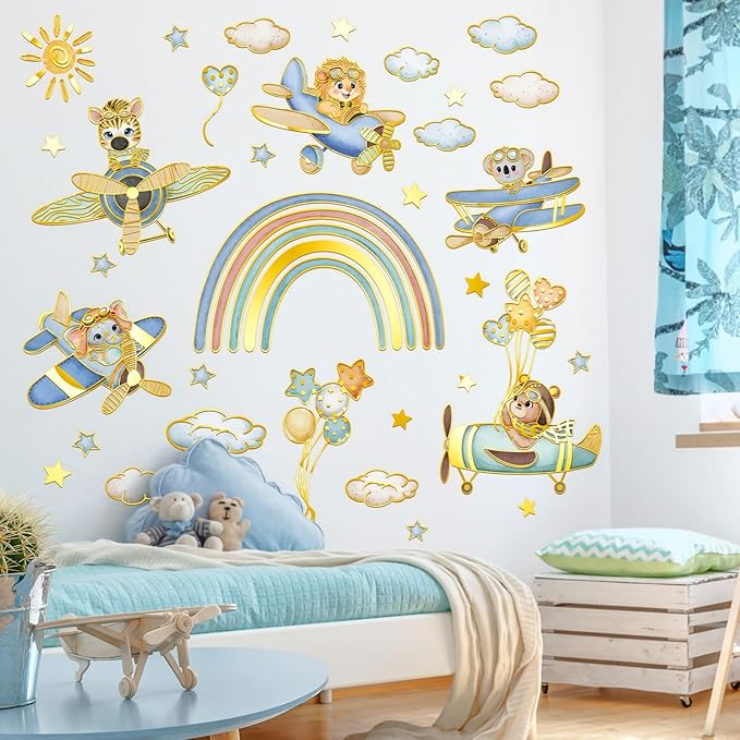 Animal Rainbow Wall Stickers Airplane Animals Wall Decals Stars & Clouds Peel and Stick Decal for Kids Rooms Nursery Playroom Walls (Rainbow Airplane)