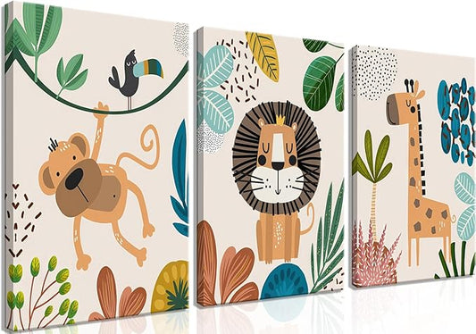 AKWISH Safari Jungle Nursery Wall Decor Set of 3 - Framed Animal Canvas Wall Art for Baby Room, Toddler Boy or Girl Bedroom, Cute Safari Themed Baby Nursery Decor 12x16in