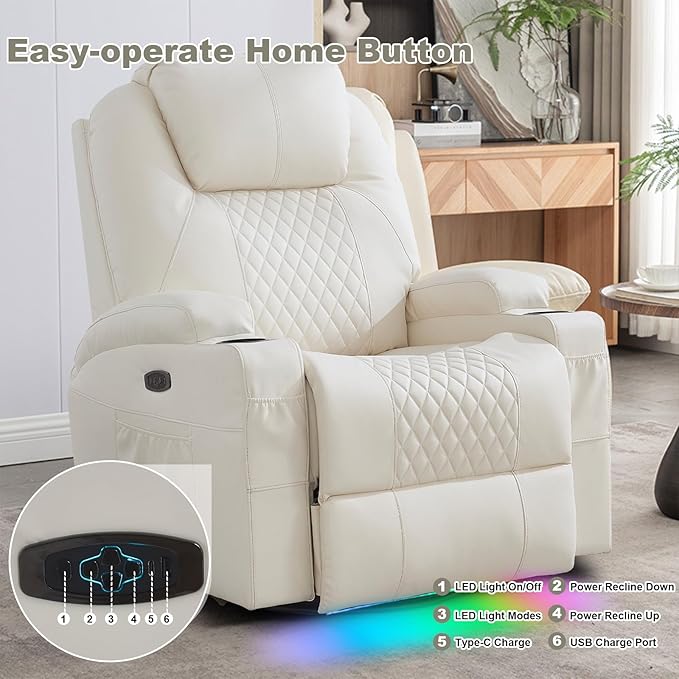 Power Swivel Rocker Recliner Chair with Massage and Heat/LED Lights/USB and Type-C Ports/Infinite Position/Cup Holder, Electric Glider Reclining Sofa for Nursery Living Room (2, Beige)