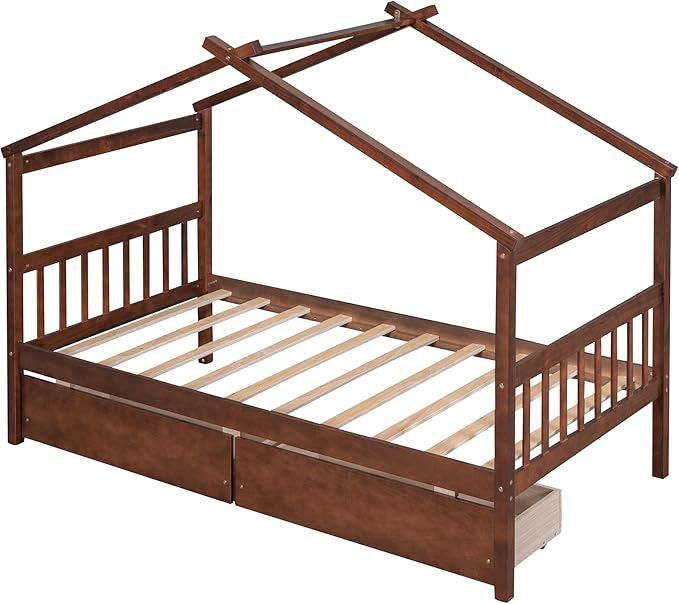 Merax Twin Size Wooden House Bed with Two Drawers, Wood Bed Frame with Roof for Kids, Teens, Boys or Girls, Walnut