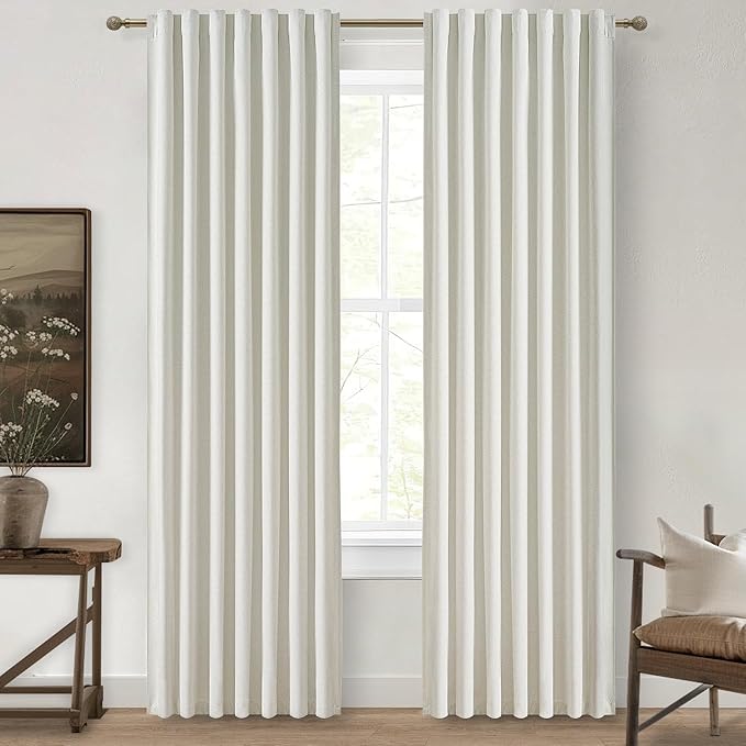 Beige White Cute Blackout Pleated Curtains 86 Inches Long 2 Pack, Insulated Sliding Door Curtain UV Heat Blocking Drapes for Living Room/Bedroom Faux Linen Ceiling Pins Hooks&Back Tab(W50 x L86)