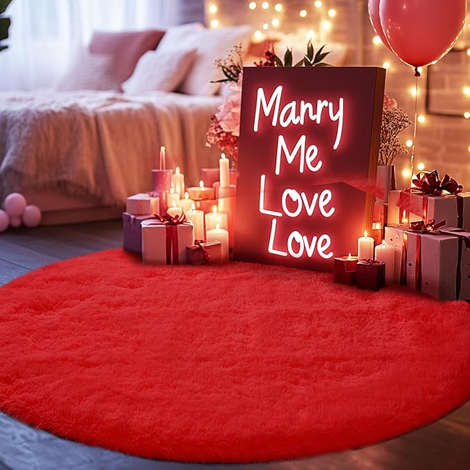 Round Fluffy Rug for Bedroom Red: 4ft Red Soft Furry Rug for Bedroom- Fluffy Fuzzy Round Area Rugs for Living Room- Small Bedside Plush Carpet for Nursery, Birthday Decor, Spiderman Carpet