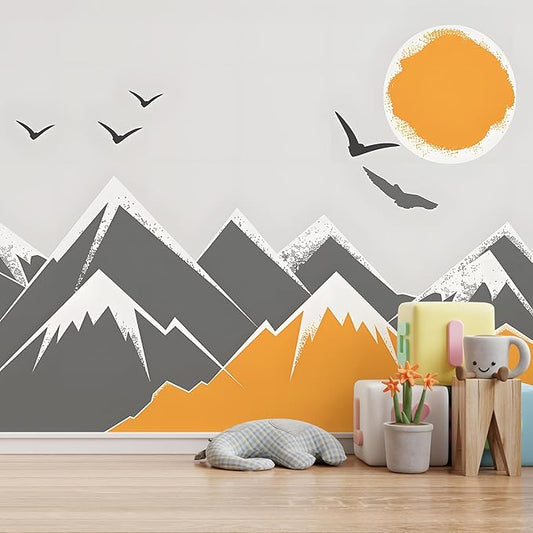 AM AMAONM 63x89.8inch Large Abstract Snowy Mountain Wall Decal, Warm Earth Tones, Watercolor Mountain Sun Wallpaper, Removable Wall Contact Paper Mural for Nursery Living Room Background