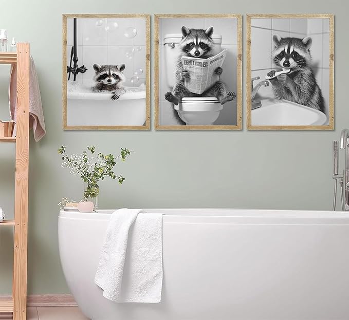 Funny Raccoon Bathroom Canvas Wall Art Black and White Cute Raccoon Sitting on Toilet Poster Print Artwork Humor Adorable Animals Pictures Wall Decor for Washroom Restroom laundry 12x16in Unframed