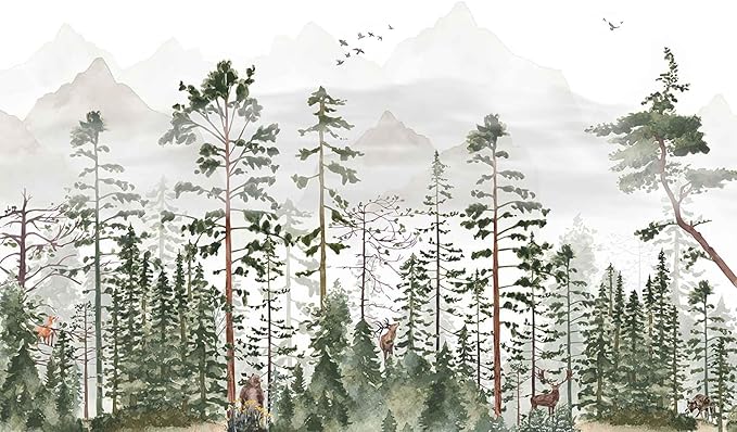 Animals Forests Birds Nature Landscapes Wall Mural, Hazy Mountains Wallpaper for Interior Background Wall Decoration（Not Peel and Stick）
