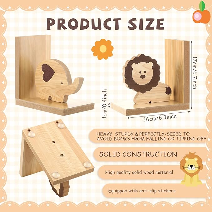 Harloon 2 Pcs Animal Bookends for Kids Wooden Decor Lion Elephant Animal Safari Bookends Decor for Girl Childrens Bedroom Home Nursery