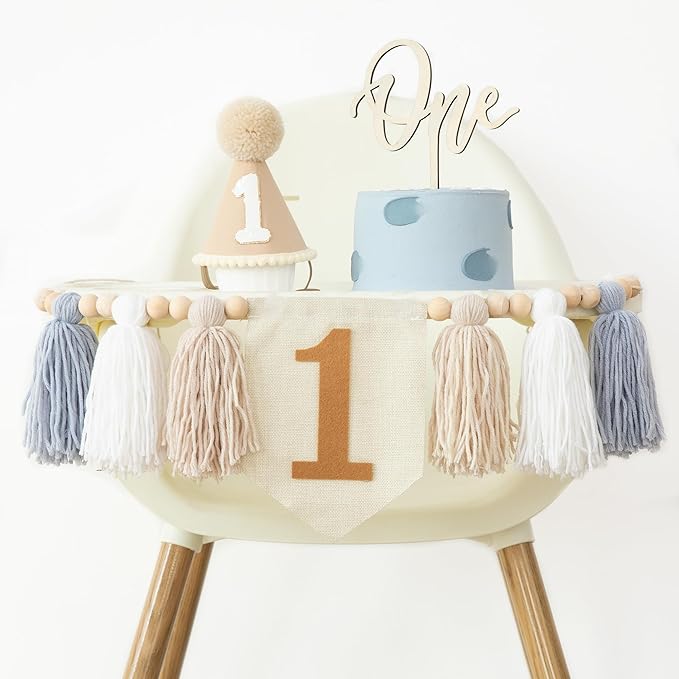 1st Birthday Highchair Banner Decorations For First Boys Khaki Cone Hat With One Cake Topper Photo Backdrop