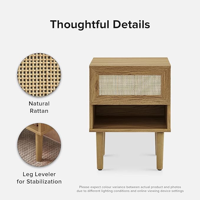 mopio Haylee Rattan Side Table, Small Accent Tables for Living Room, Mid Century Modern Night Stand, Bedside Tables, Wood Nightstands for Bedroom (Oak, Single)