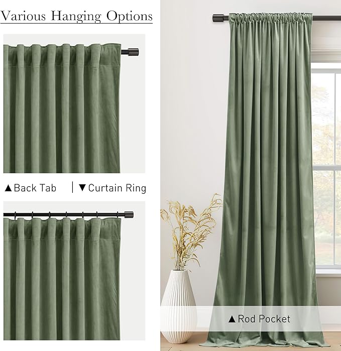 StangH Retro Green Velvet Curtains Room Darkening, 52x108 Inches, Super Soft Velvet Drapes with Rod Pocket Back Tab, Thermal Insulated Window Treatment for Bedroom, Living Room, 2 Panels