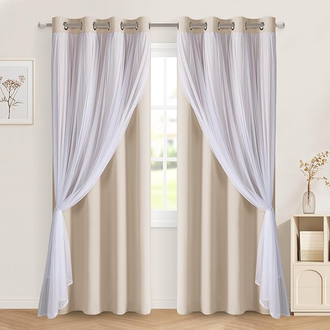 DWCN Beige Layered Curtains for Living Room Blackout and Sheer Curtains Grommet Top Window Treatment with Sheer Overlay for Bedroom, 52 W by 84 L, 2 Pieces