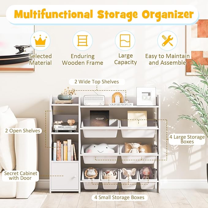 Costzon Kids Toy Storage Organizer, 4-Tier Bookshelf Storage Cabinet w/8 Removable Bins, Preschool Children's Montessori Bookshelf w/Large Cabinet for Playroom, Daycare, Kids Room, Classroom