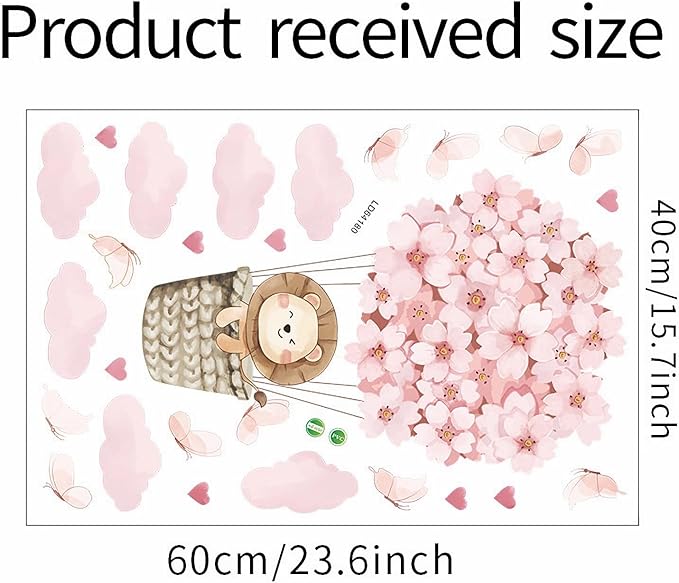Cute Lion Cub Hot Air Balloon Wall Stickers, sacinora Pink Butterfly Cloud Love Heart DIY Wall Decals Removable Vinyl Peel and Stick for Kids Baby Girl Nursery Bedroom Toddler Room Art Decorations