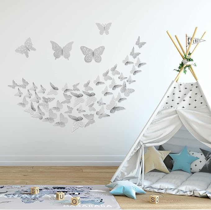 3D Silver Butterfly Wall Decor 3 Sizes 4 Styles Butterfly Party Decorations Cake Decorations Removable Stickers Wall Decor Room Mural Metallic Kids (Silver, 48Pcs)