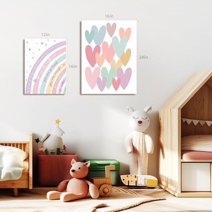 LLEEMPI Framed Pink Heart Sun Rainbow Wall Art Set of 3, Baby Room Wall Decor, Boho Rainbow Nursery Canvas Painting, Classic Minimalist Poster Prints for Bedroom Bathroom Classroom 12x16 Inch