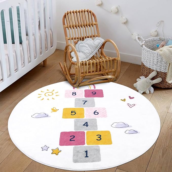 HiiARug Hopscotch Kids Rug Round 5Ft Fun and Educational Playroom Rug Soft Durable Rainbow Floor Carpet Kid’s Play Mat for Bedroom, Playroom, Nursery, Gift for Girls & Boys(Colorful)