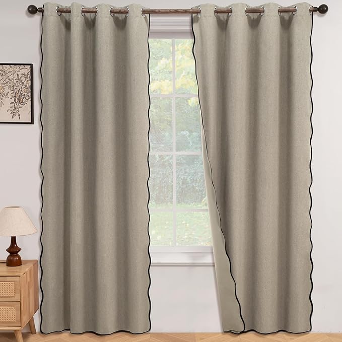 ColorBird Linen Blackout Curtains 84 Inches Long Scalloped Tan 100% Black Out Winter Thermal Insulated Curtains & Drapes for Living Room Bedroom Dining Room Nursery Window Treatment