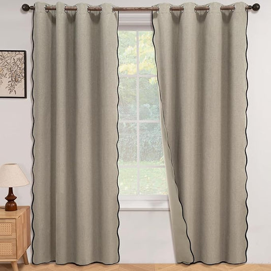 ColorBird Linen 100% Blackout Curtains for Sliding Glass Doors 96 Inches Long Scalloped Tan Black Out Winter Thermal Curtains & Drapes Living Room Bedroom Dining Room Window Treatment