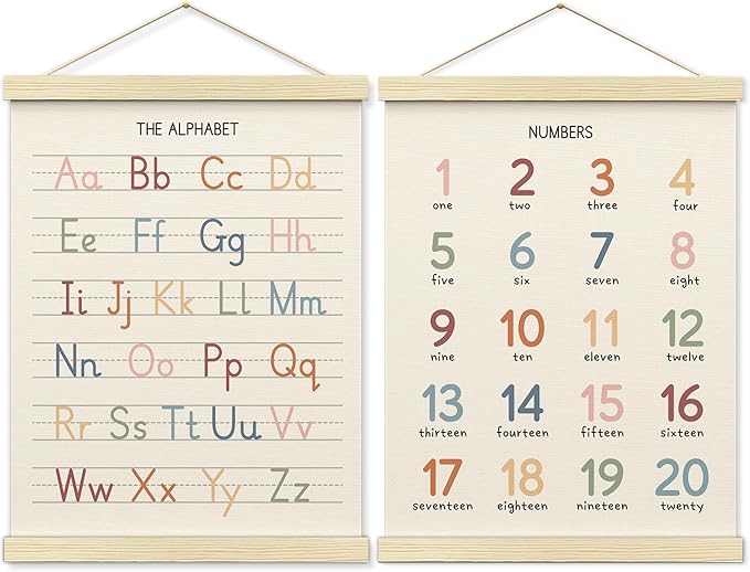 BONETAT Numbers alphabet poster for Nursery Toddlers, Play Room Wall Decor, ABC Wall Chart, Wall Hanging Decor for Toddler Playroom Decor Kids Wall Decor, Wooden Frame Alphabet Banner-A11