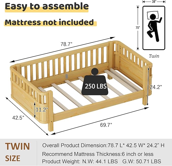 Twin Bed Frames Kids with Rails, Wood Montessori Twin Bed with Slats Support, Modern Low to Ground with Removable Bed Rails for Girls Boys Bedroom Living Room, Natural