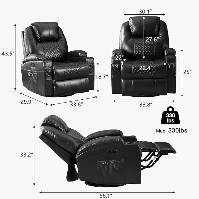 Power Swivel Rocker Recliner Chair with Massage and Heat/LED Lights/USB and Type-C Ports/Infinite Position/Cup Holder, Electric Glider Reclining Sofa for Nursery Living Room (1, Black)