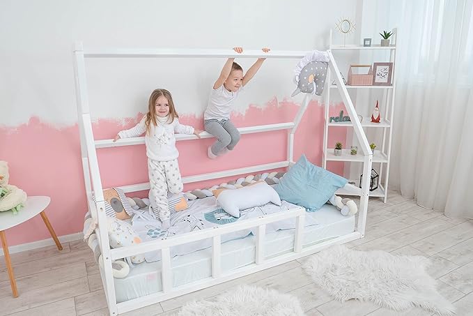 BUSY WOOD Montessori Floor Bed for Toddlers - Loft Bed - Twin Bed for Toddlers - Full Bed Floor - Kids Bed with Railings - Montessori Bed Frame - Montessori Bed - Platform Bed (Model 1)