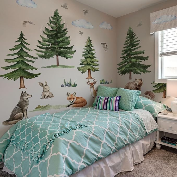 Mountain Tree Wall Stickers for Kids Bedroom, Large Pine Tree Wall Art with Deer, Bear, Rabbit, Fox, Wolf & Hedgehog, Wall Decals Peel and Stick Decal for Nursery Kids Room Décor