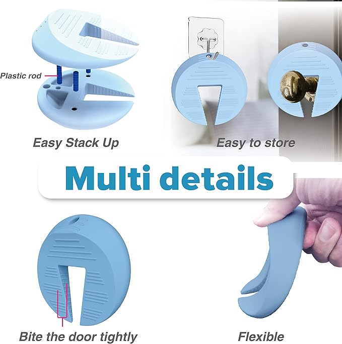 Upgraded Silicone Door Pinch Guard and Door Stoppers 2 Functions in 1 with 2 Free Hooks, Heavy Duty Finger Pinch Guard Prevents Finger Pinch Injuries, Slamming Doors. 2 Packs, Blue
