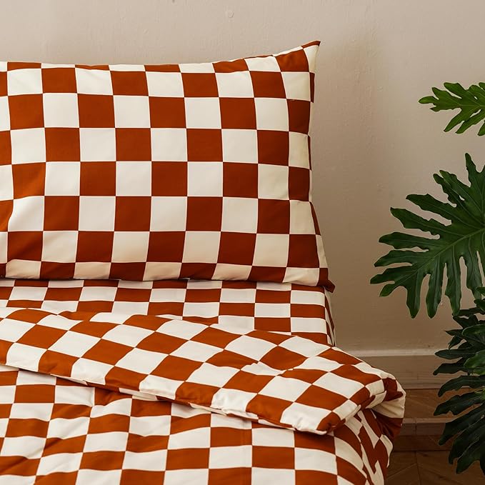 KAREVER Grid Toddler Bedding Set Pumpkin White Checkered 4 Pieces Crib Bed Set Kids Pliad Comforter Set