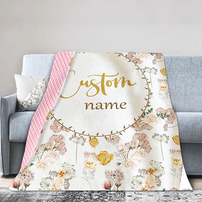 Personalized Baby Blankets for Girls, Custom Name Baby Blanket with Pink Flowers Design, Soft Receiving Blanket for Newborns and Toddlers, Ideal for Baby Showers and Nursery Decor