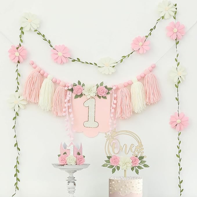 Wildflower First High Chair Banner Birthday Decorations For Girl One Flower Cake Topper Floral Hat 1st Birthday Decoration Supplies