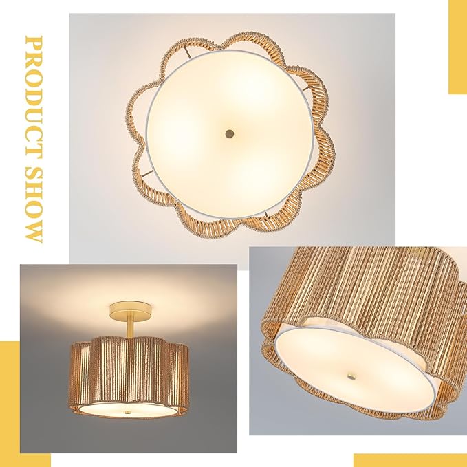 Rattan Semi Flush Mount Ceiling Light, 3-Light Boho Ceiling Lights, Modern Hand-Woven Rattan Boho Light Fixture for Bedroom Living Room Kitchen Hallway and Entryway (Yellow)