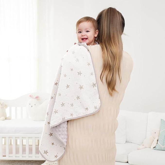 Susurration Baby Blanket for Unisex Boys Girls, Soft Nursery Minky Blanket with Muslin Cotton Front and Dotted Fleece Back, Receiving Blanket for Baby Newborn Infant, 30x40inch (Beige Star)