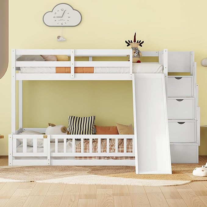 Twin Over Full Bunk Bed with Slide, Solid Wood Bunk Bed with Safety Guardrails and Storage Staircase for Kids Teens Boys Girls Bedroom, Space Saving Design (White-30c)