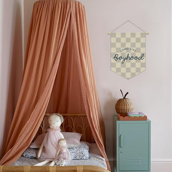 Boys Room Decor, Long Live Boyhood Boy Nursery Linen Canvas Banner, Grey Checkered Wall Hanging Pennant Flag Banner for Boys Nursery Kids Toddler Room Bedroom Playroom Decor, 15x11in