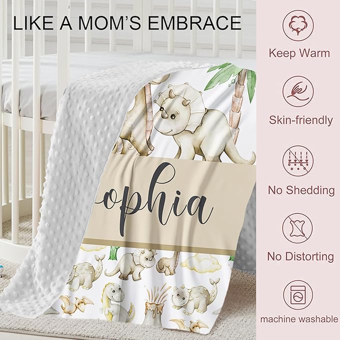 Personalized Crib Bedding Set for Boys Girls, Custom Baby Crib Sets with Name, Cute Dinosaur Theme Nursery Bedding 2 Piece - Soft Blanket with Double Layer Dotted Backing, Crib Fitted Sheet