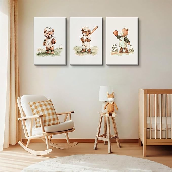 3Pcs Nursery Teddy Bear Canvas Wall Art Vintage Sports Bear Wall Decor Sports Boys'Room Artwork Prints Basketball Football Baseball Painting Pictures for Children's Room Boys' Room (16x24in Canvas)