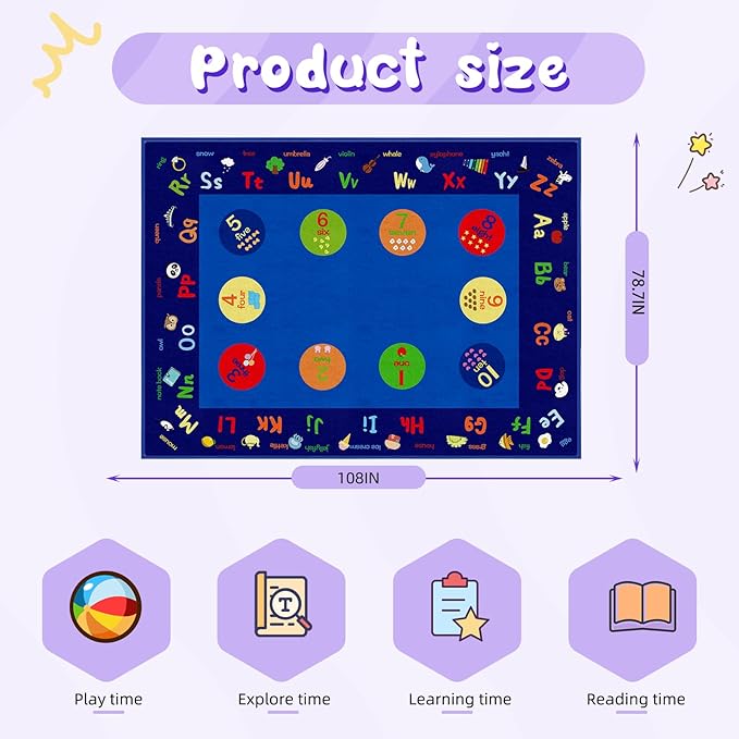 Classroom Rug, 6.56×9ft Large Capet Kids Rugs for Playroom Learning ABC Alphabet Numbers, Daycare Preschool Rugs for Elementary, Non-Slip Educational Area Rugs for School, Home