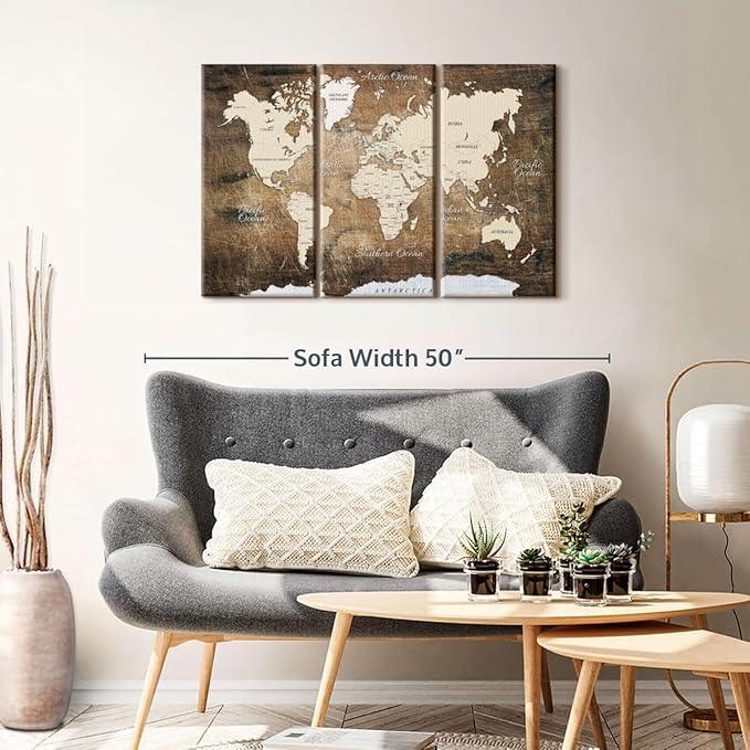 ElephantStock Aged Brown World Map I Wall Art - 3 Piece Canvas World Map Wall Decor - Ready-to-Hang Canvas Print - Vintage Wall Art - 38" X 24"