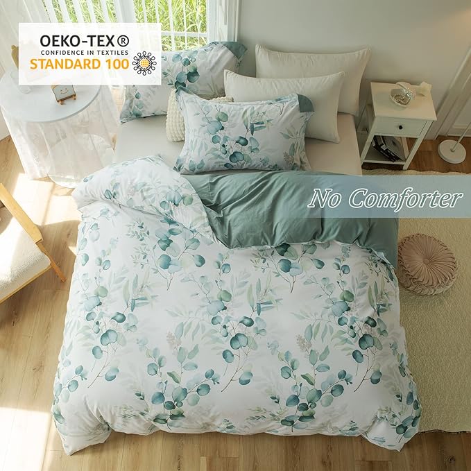 MILDLY Duvet Cover Leaf Pattern- 100% Washed Cotton Eucalyptus Printed Comforter Cover Linen Feel Sage Green Bedding Set with Zipper Closure 4 Ties Twin Size