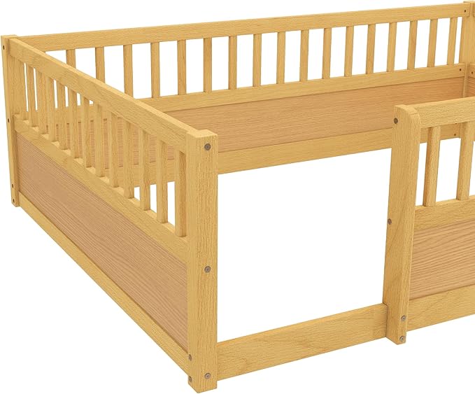 Harper & Bright Designs Full Floor Bed Frame, Wood Kids Floor Bed with High Guardrails, Montessori Floor Bed Full with Opening Door for Boys, Girls, Kids, Solid Wood Structure, Natural