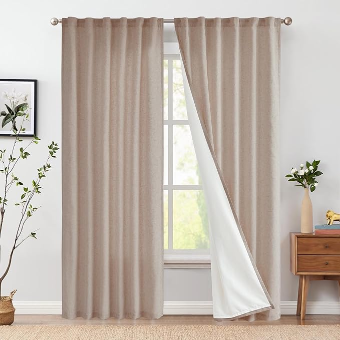 jinchan Taupe Lined Linen Blend Curtain for Sliding Door 90 Inch Length 1 Panel for Living Room, 100 Inch Extra Wide Drape with Rod Pocket Back Tab(100W x 90L, Taupe)