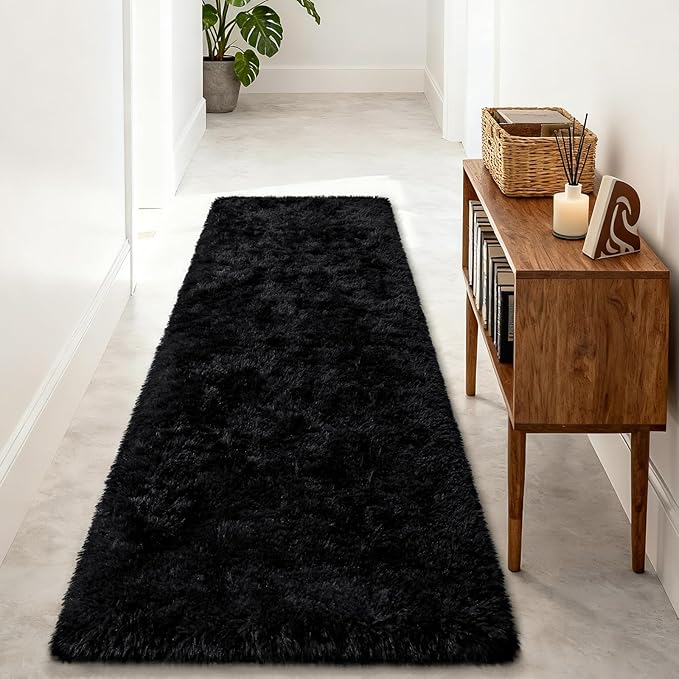 Merelax Black 2x8 Non-Slip Long Runner Rug for Hallways Entry, Soft Fluffy Area Rugs for Living Room, Shaggy Plush Furry Bedside Rug Indoor Floor Carpet Nursery Kids Room Dorm Holiday Decor